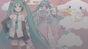 Coleção Hatsune Miku x Cinnamoroll com flores de cerejeira