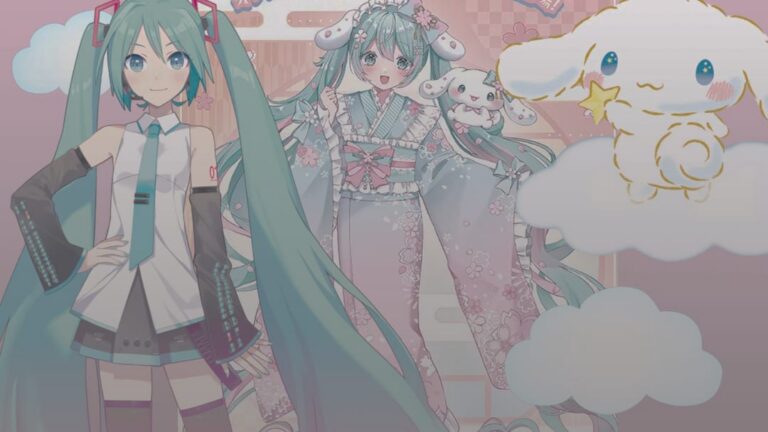 Coleção Hatsune Miku x Cinnamoroll com flores de cerejeira