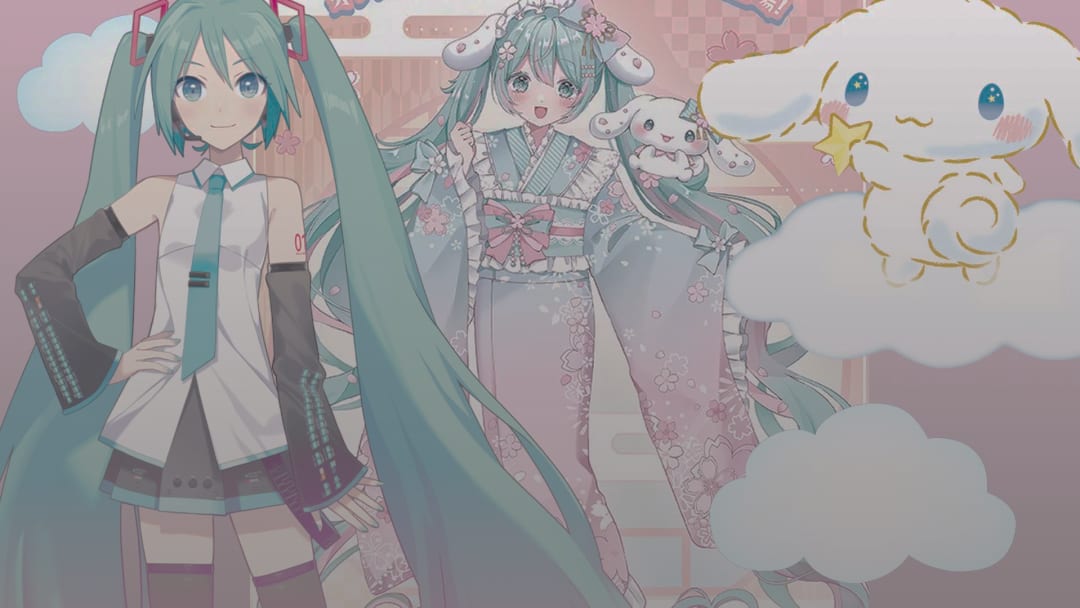 Coleção Hatsune Miku x Cinnamoroll com flores de cerejeira