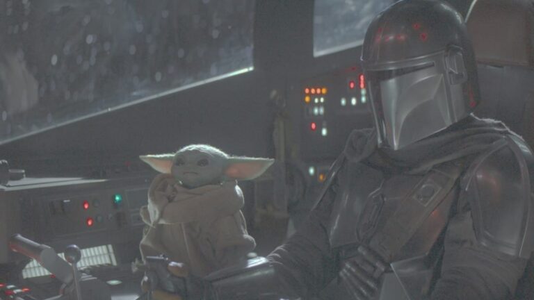 Mandalorian e Grogu em cena da série
