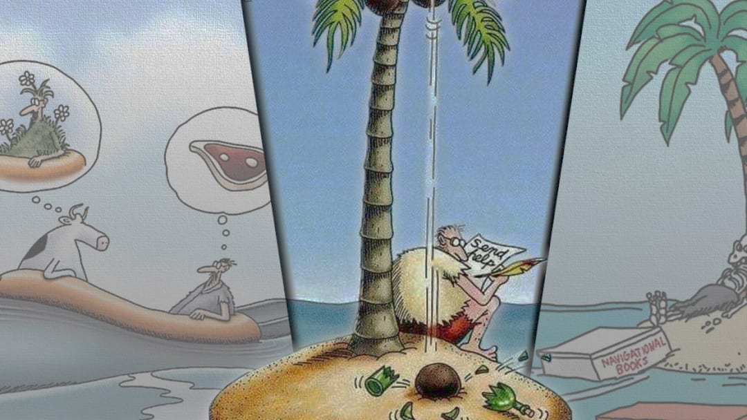 quadrinhos The Far Side com humor sobre ilhas