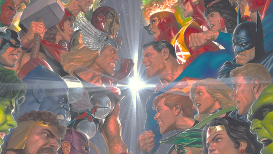 Capa variant do JLA Avengers crossover por Alex Ross
