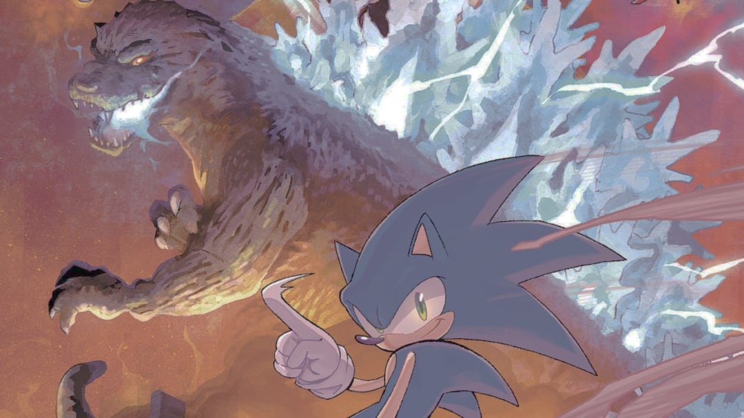 Capa do quadrinho Sonic x Godzilla com personagens icônicos em ação.
