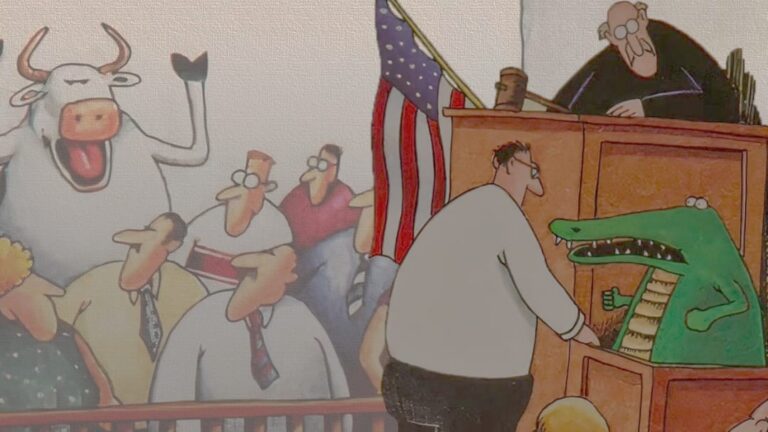 quadrinhos The Far Side com humor em tribunal