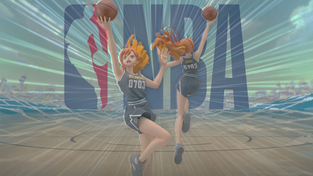 One Piece NBA crossover com Nami em uniforme dos Denver Nuggets